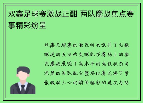 双鑫足球赛激战正酣 两队鏖战焦点赛事精彩纷呈